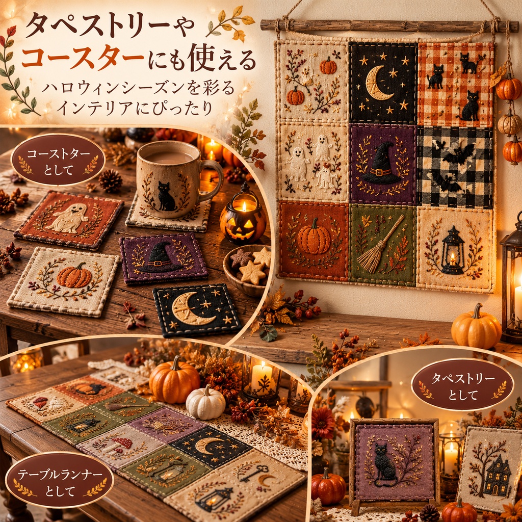Natural Halloween Patchwork|ハロウィン刺繍&布パッチワーク 背景素材 8枚セット