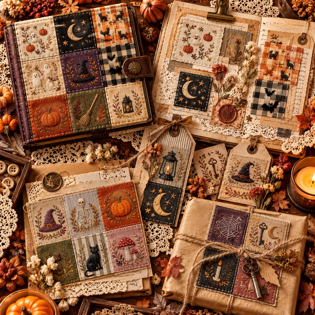 Natural Halloween Patchwork|ハロウィン刺繍&布パッチワーク 背景素材 8枚セット