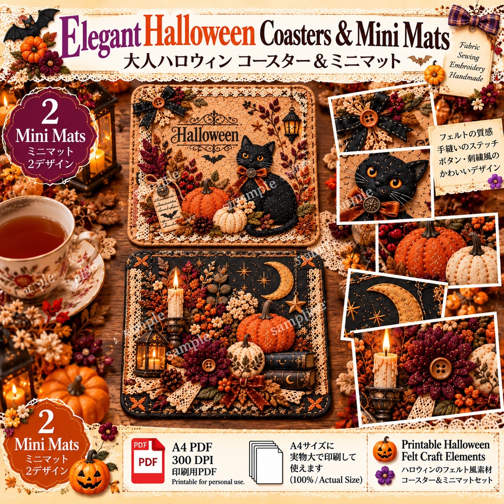 Elegant Halloween Coasters & Mini Mats|大人ハロウィン コースター&ミニマット 4シートセット