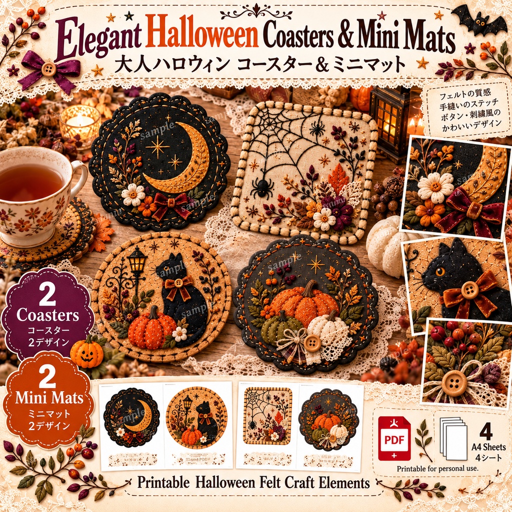 Elegant Halloween Coasters & Mini Mats|大人ハロウィン コースター&ミニマット 4シートセット