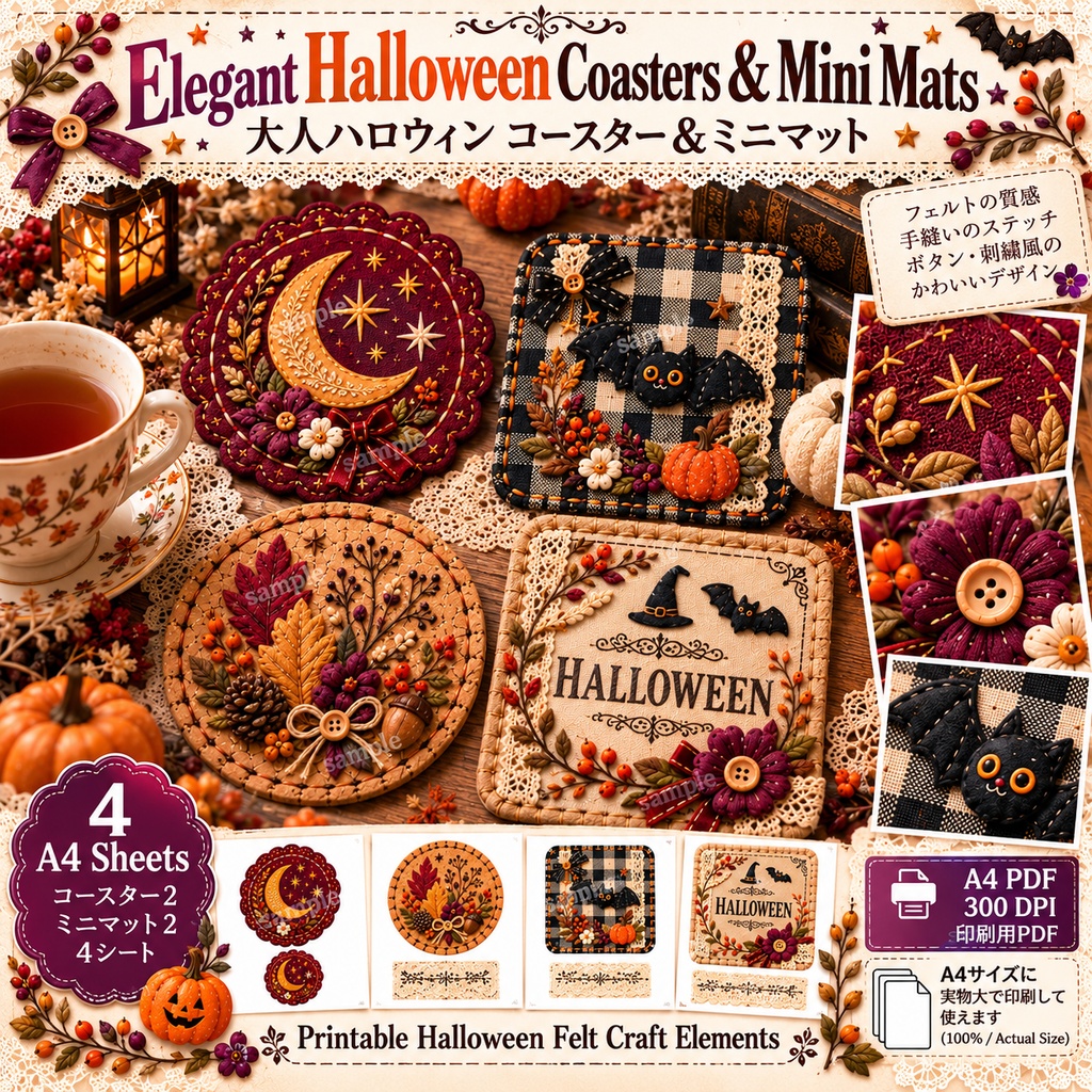 Elegant Halloween Coasters & Mini Mats|大人ハロウィン コースター&ミニマット 4シートセット