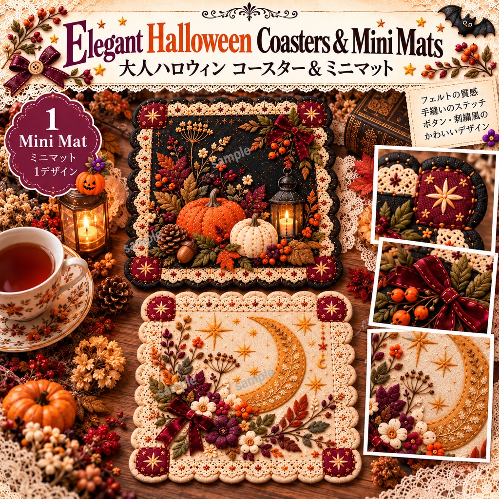 Elegant Halloween Coasters & Mini Mats|大人ハロウィン コースター&ミニマット 4シートセット