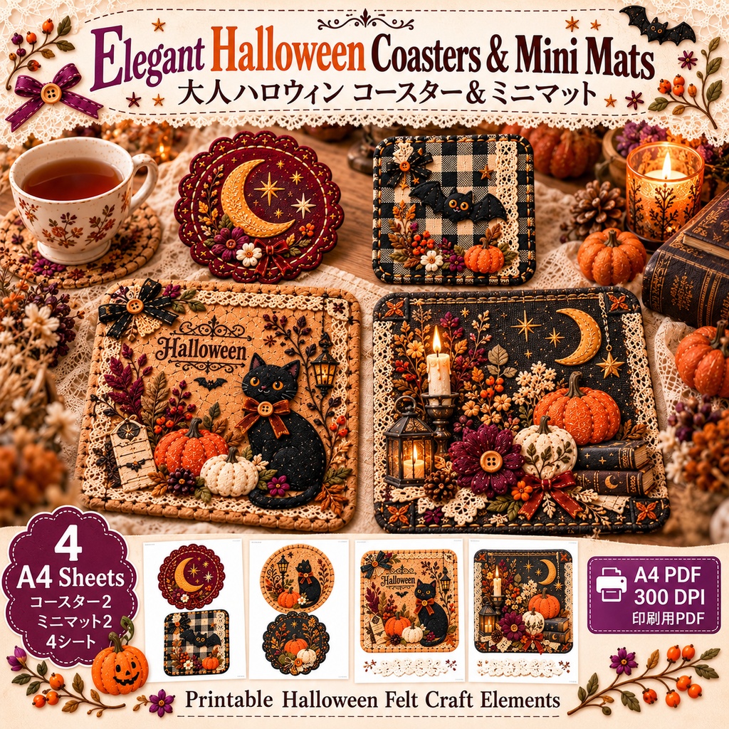 Elegant Halloween Coasters & Mini Mats｜大人ハロウィン コースター＆ミニマット 4シートセット