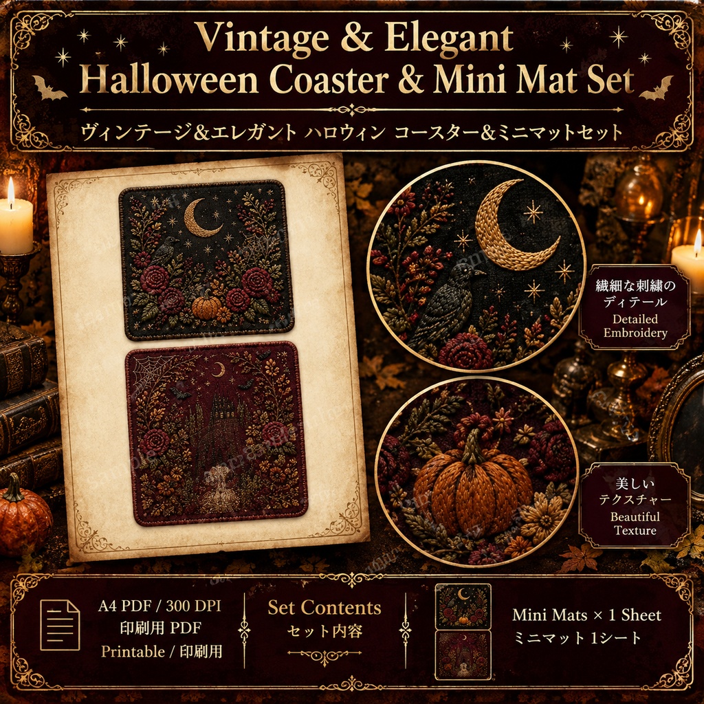 Vintage & Elegant Halloween Coaster & Mini Mat Set|ハロウィン コースター&ミニマット 12デザイン