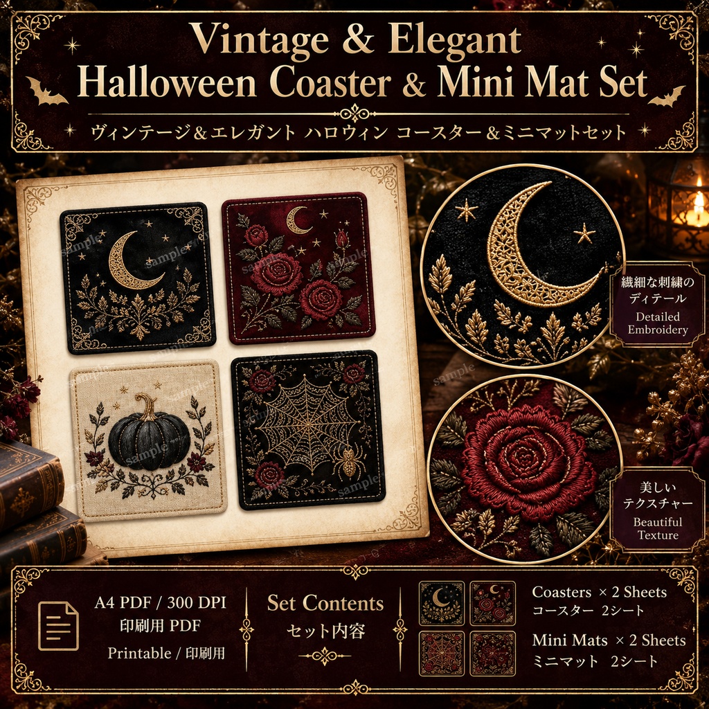 Vintage & Elegant Halloween Coaster & Mini Mat Set|ハロウィン コースター&ミニマット 12デザイン
