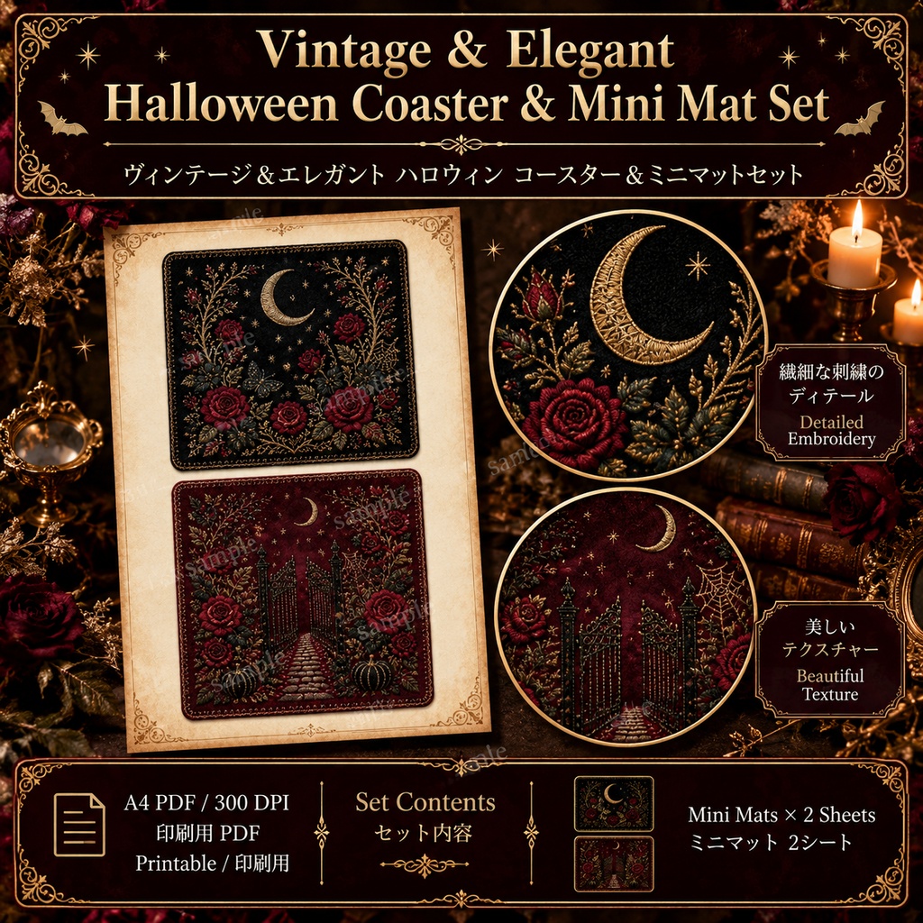 Vintage & Elegant Halloween Coaster & Mini Mat Set|ハロウィン コースター&ミニマット 12デザイン