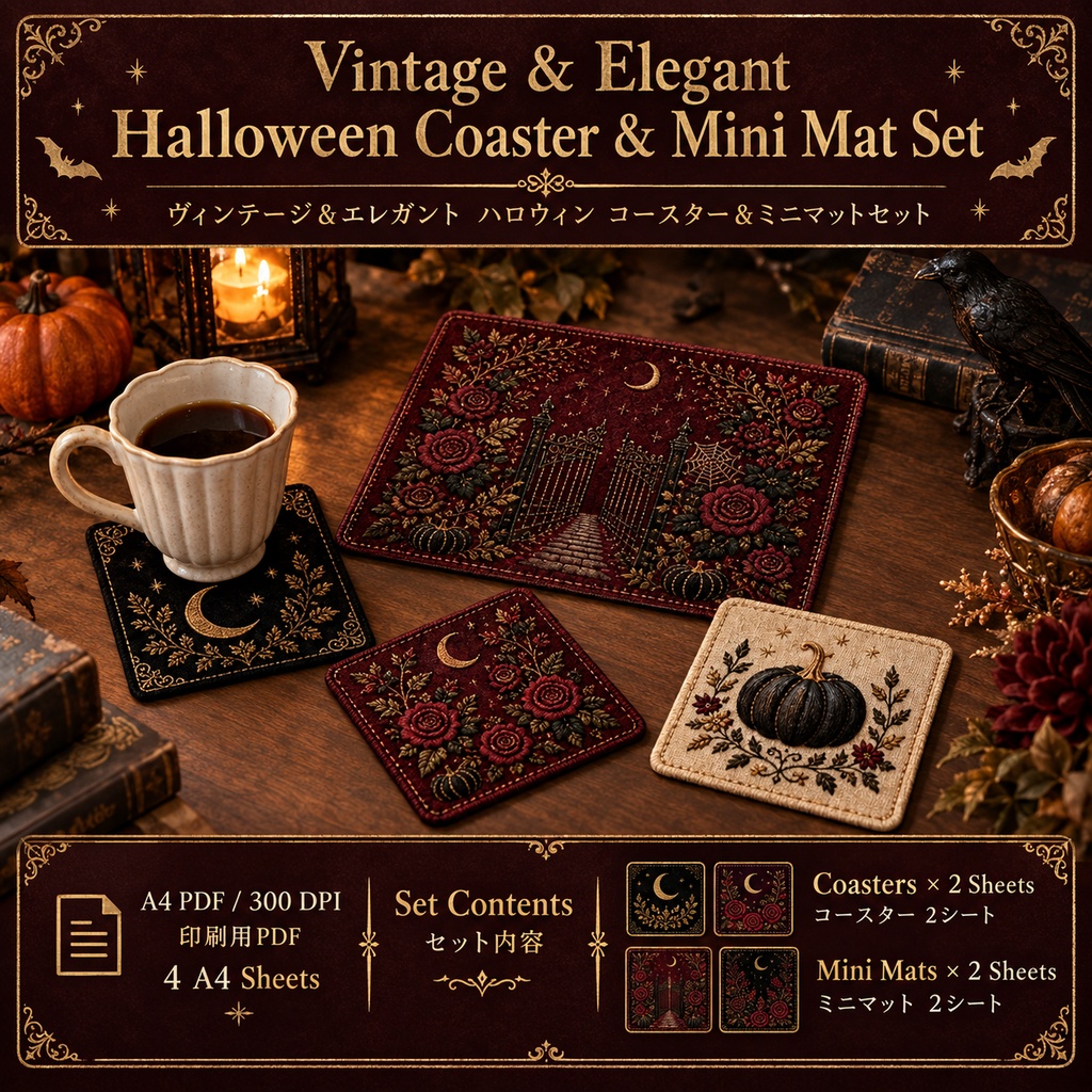 Vintage & Elegant Halloween Coaster & Mini Mat Set｜ハロウィン コースター＆ミニマット 12デザイン