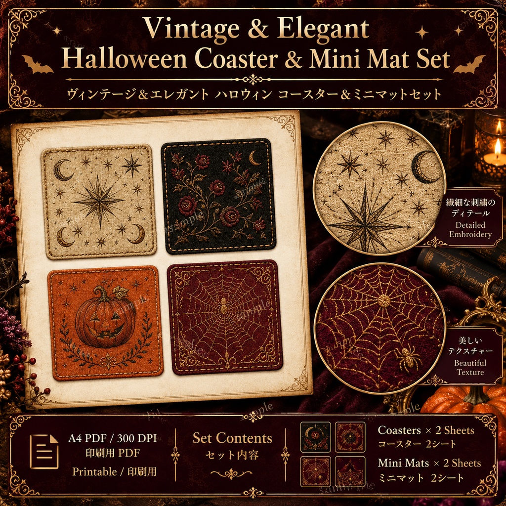 Vintage & Elegant Halloween Coaster & Mini Mat Set|ハロウィン コースター&ミニマット 12デザイン