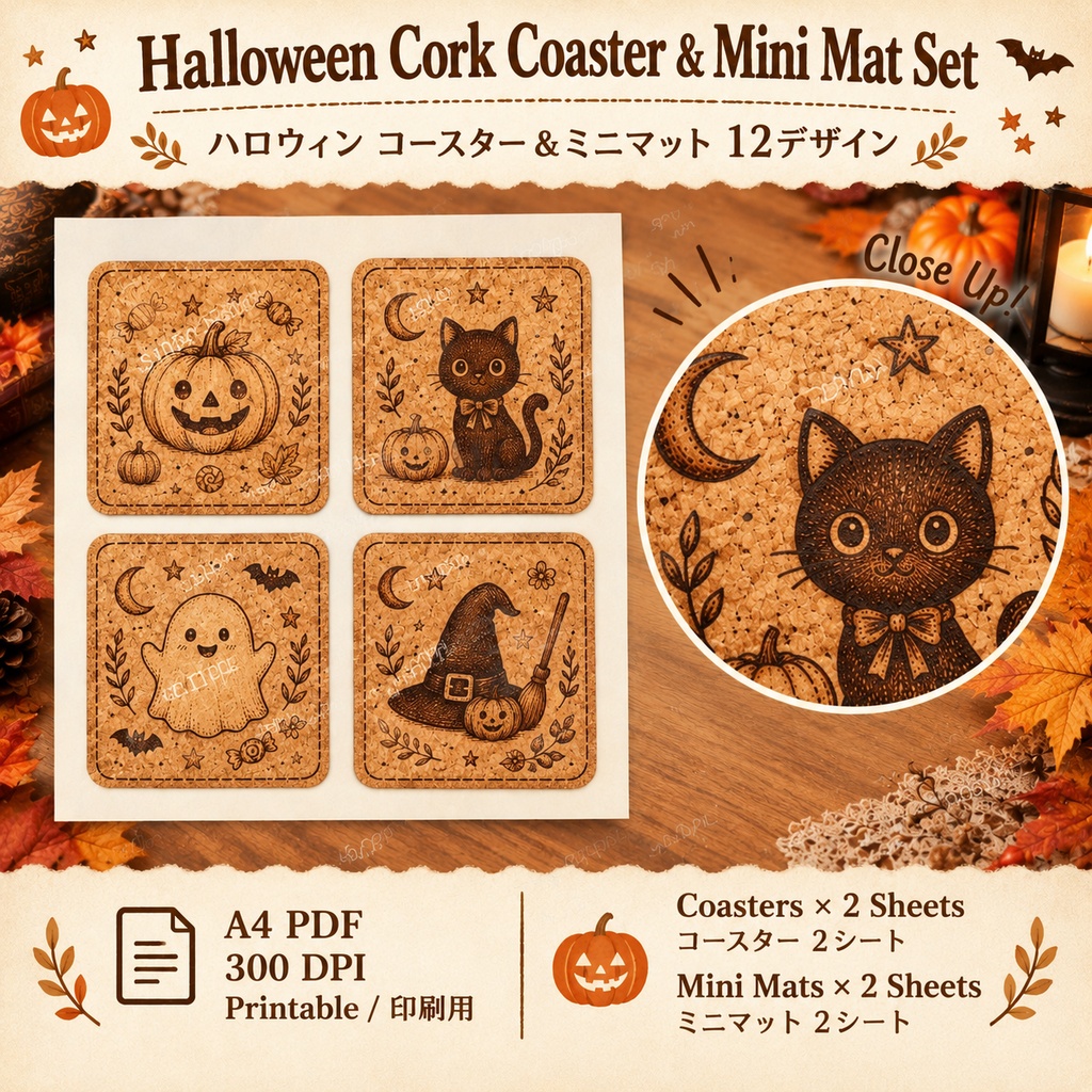 Cute & Natural Halloween Cork Coaster & Mini Mat Set|ハロウィン コルク焼印風コースター&ミニマット 12デザイン