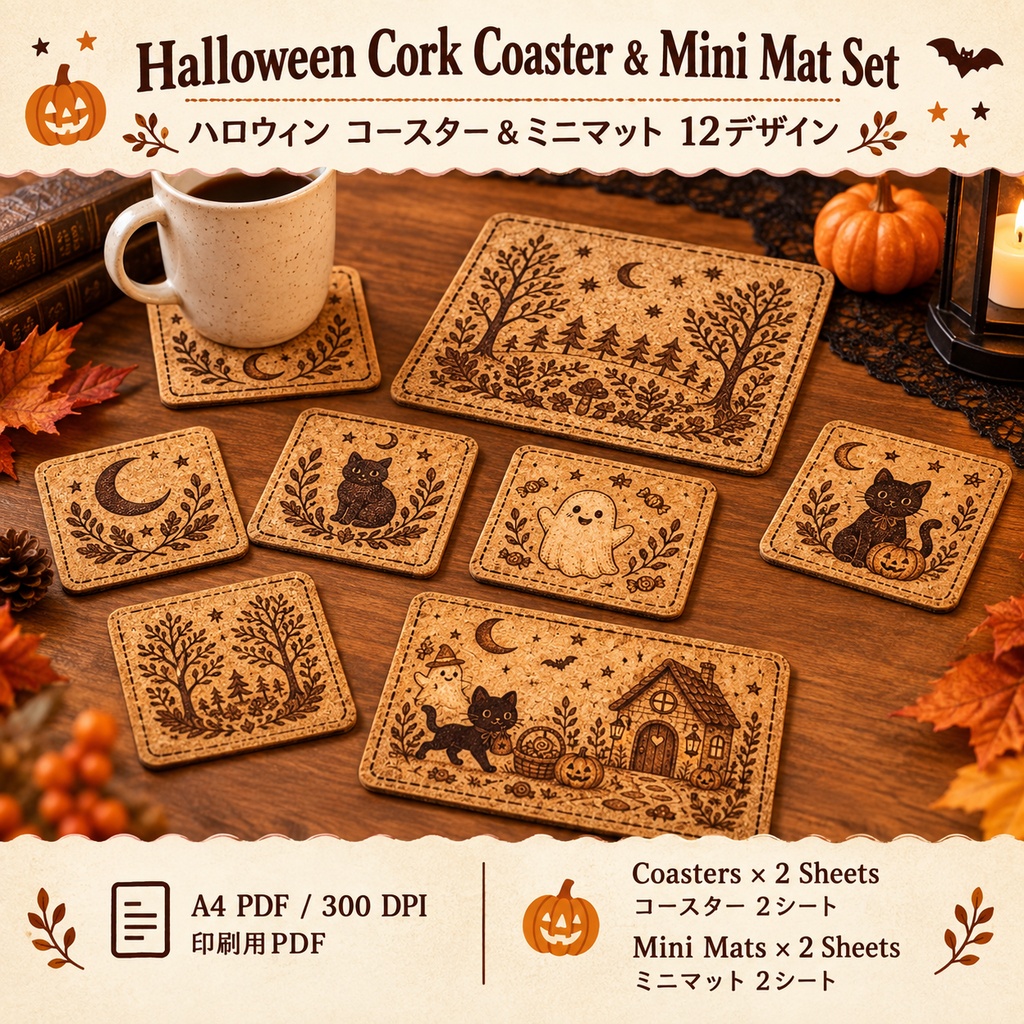 Cute & Natural Halloween Cork Coaster & Mini Mat Set｜ハロウィン コルク焼印風コースター＆ミニマット 12デザイン