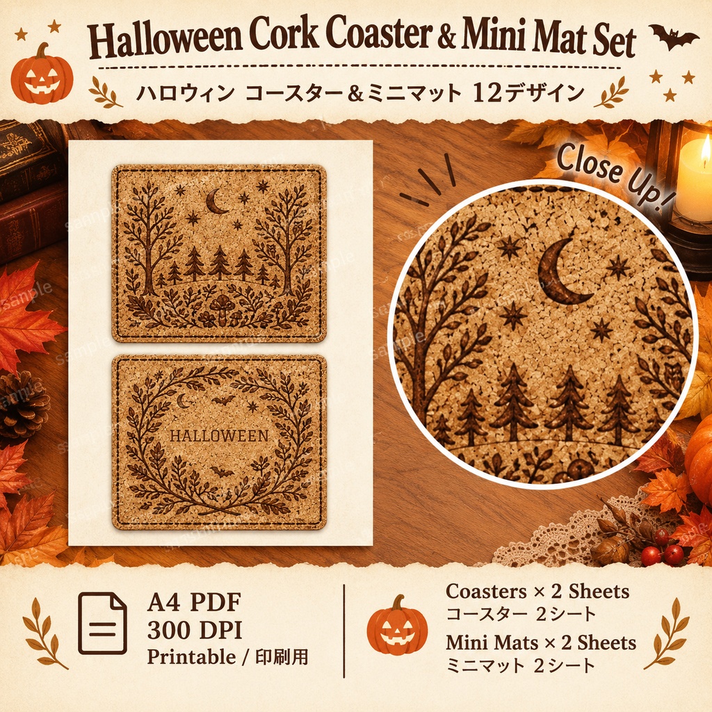 Cute & Natural Halloween Cork Coaster & Mini Mat Set|ハロウィン コルク焼印風コースター&ミニマット 12デザイン