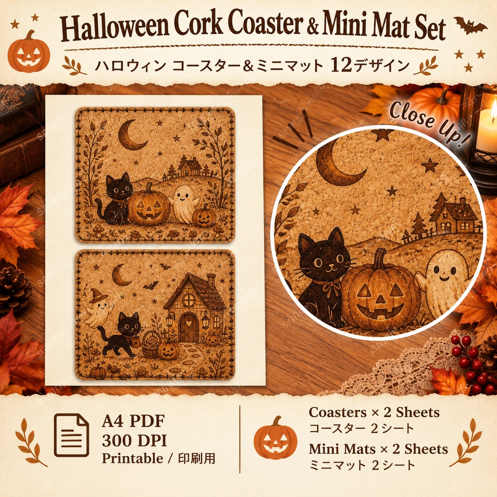 Cute & Natural Halloween Cork Coaster & Mini Mat Set|ハロウィン コルク焼印風コースター&ミニマット 12デザイン
