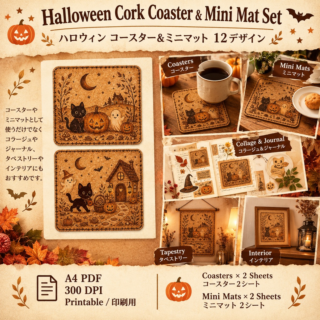 Cute & Natural Halloween Cork Coaster & Mini Mat Set|ハロウィン コルク焼印風コースター&ミニマット 12デザイン