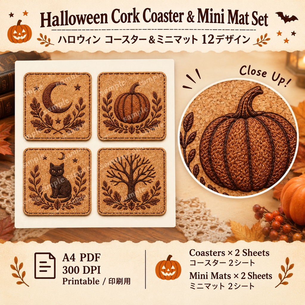 Cute & Natural Halloween Cork Coaster & Mini Mat Set|ハロウィン コルク焼印風コースター&ミニマット 12デザイン