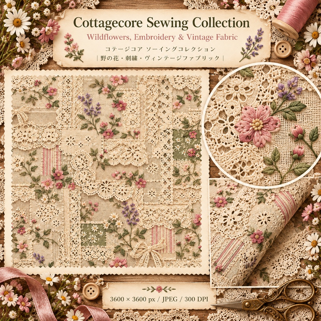 Cottagecore Sewing Collection|野の花・刺繍・ヴィンテージファブリック素材集