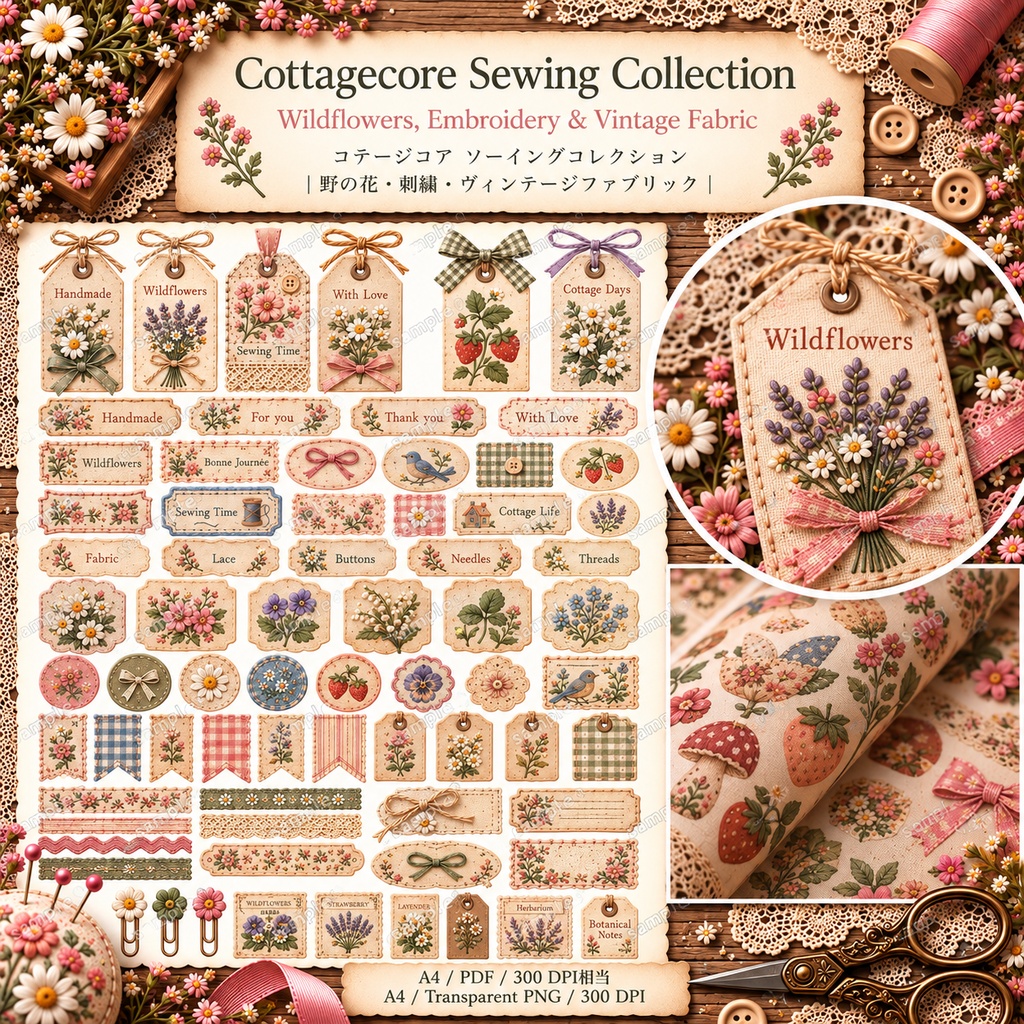 Cottagecore Sewing Collection|野の花・刺繍・ヴィンテージファブリック素材集