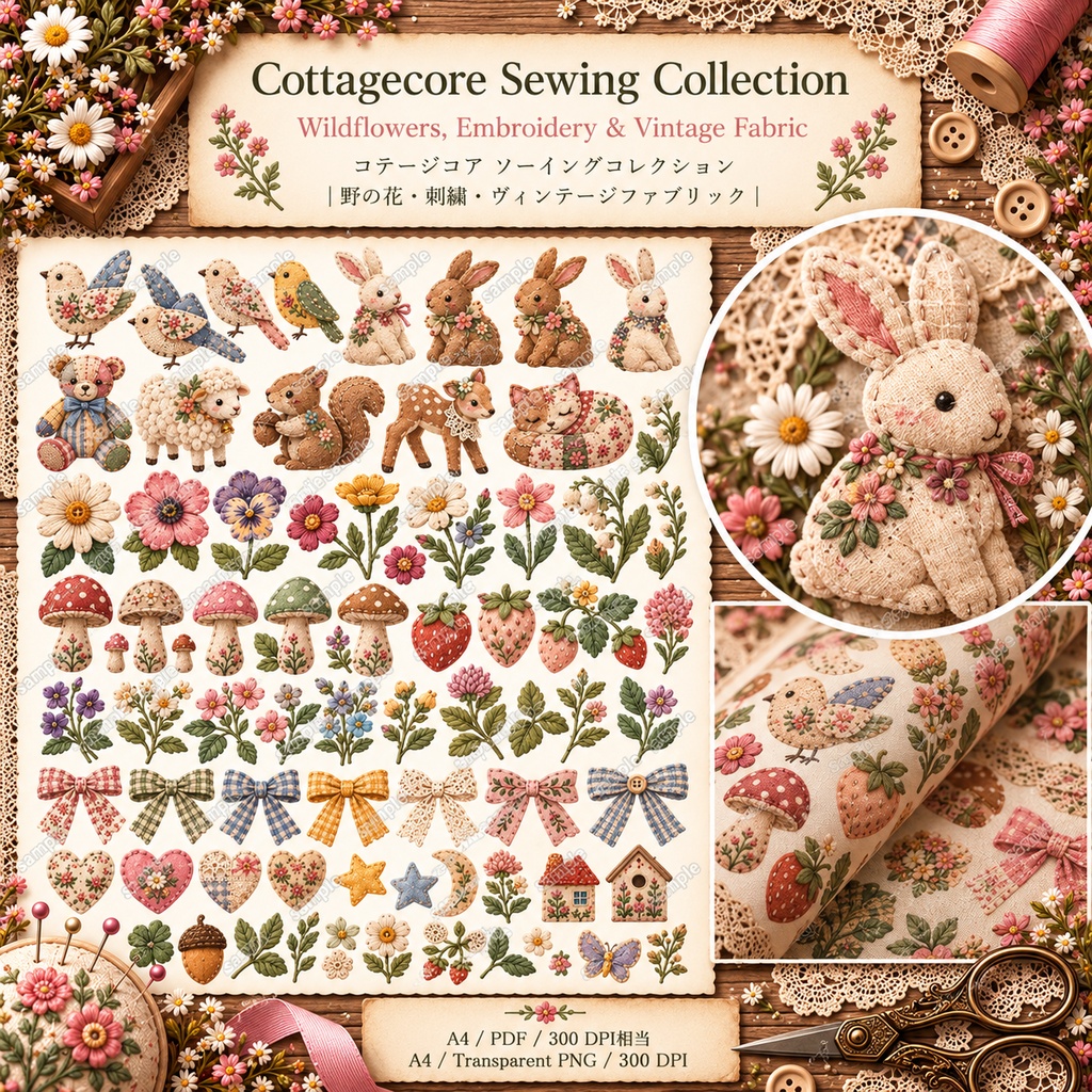 Cottagecore Sewing Collection|野の花・刺繍・ヴィンテージファブリック素材集