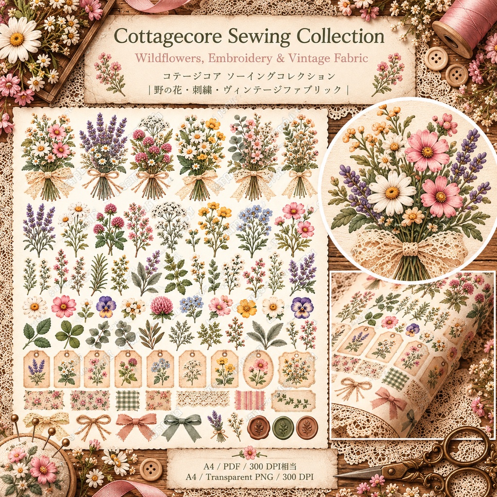 Cottagecore Sewing Collection|野の花・刺繍・ヴィンテージファブリック素材集