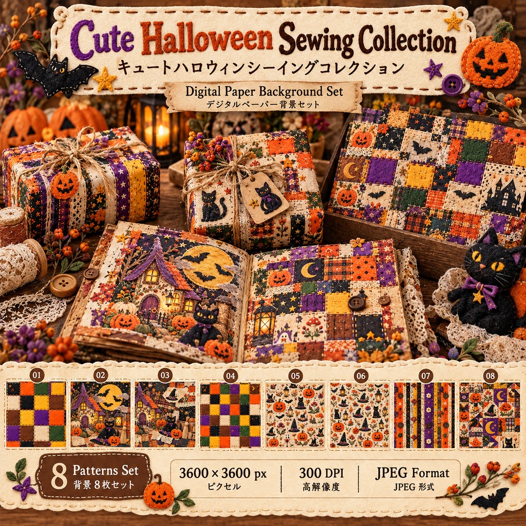 Cute Halloween Sewing Collection|ハロウィン手芸デジタル素材 フルセット|背景・アップリケ・タグ・カード・コースター