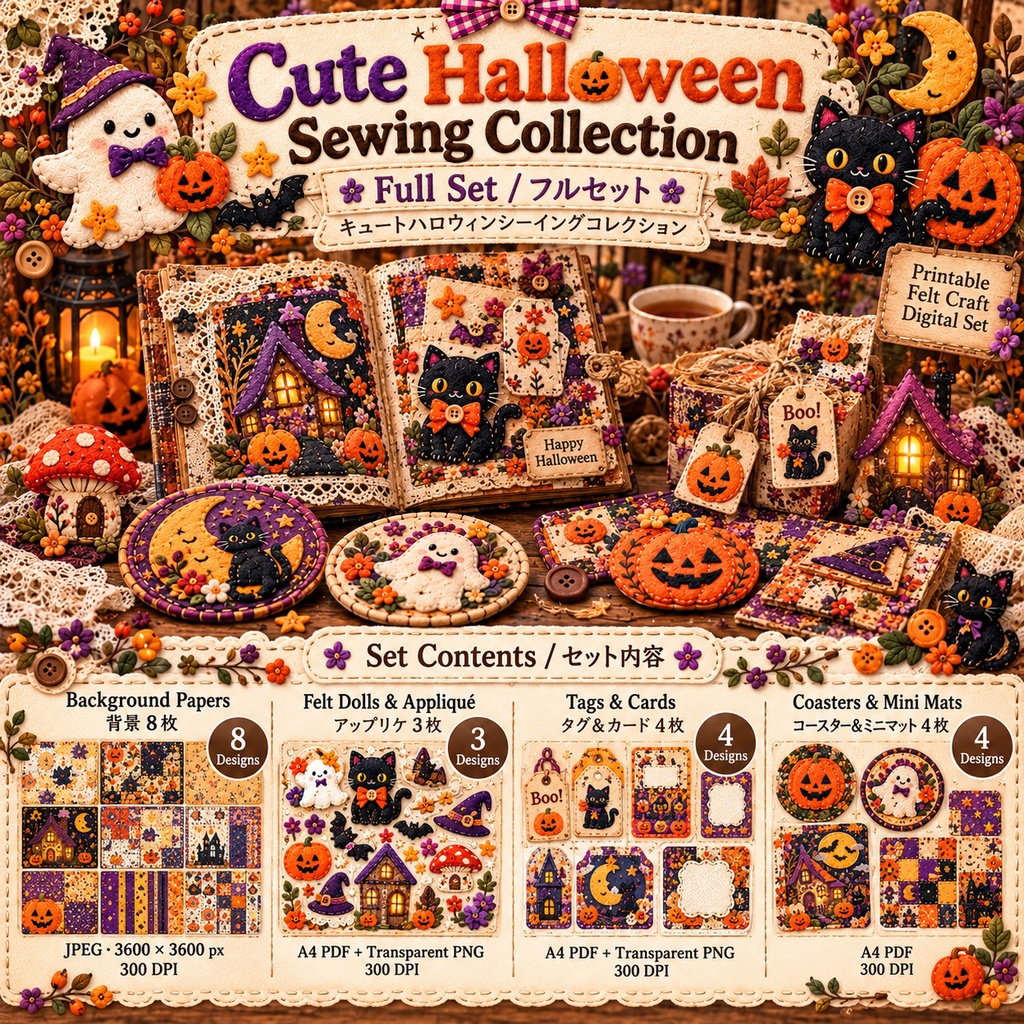 Cute Halloween Sewing Collection｜ハロウィン手芸デジタル素材 フルセット｜背景・アップリケ・タグ・カード・コースター
