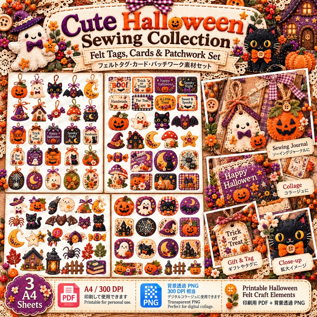 Cute Halloween Sewing Collection|ハロウィン手芸デジタル素材 フルセット|背景・アップリケ・タグ・カード・コースター