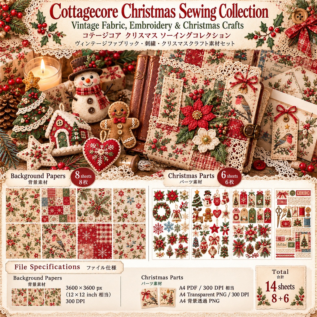 Cottagecore Christmas Sewing Collection｜クリスマス花柄・刺繍・ヴィンテージ布素材