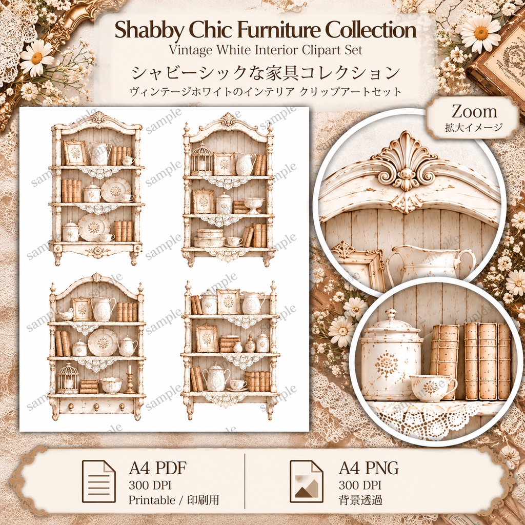 White Shabby Chic Collection|アンティーク家具・レース・花のジャンクジャーナル素材 20枚