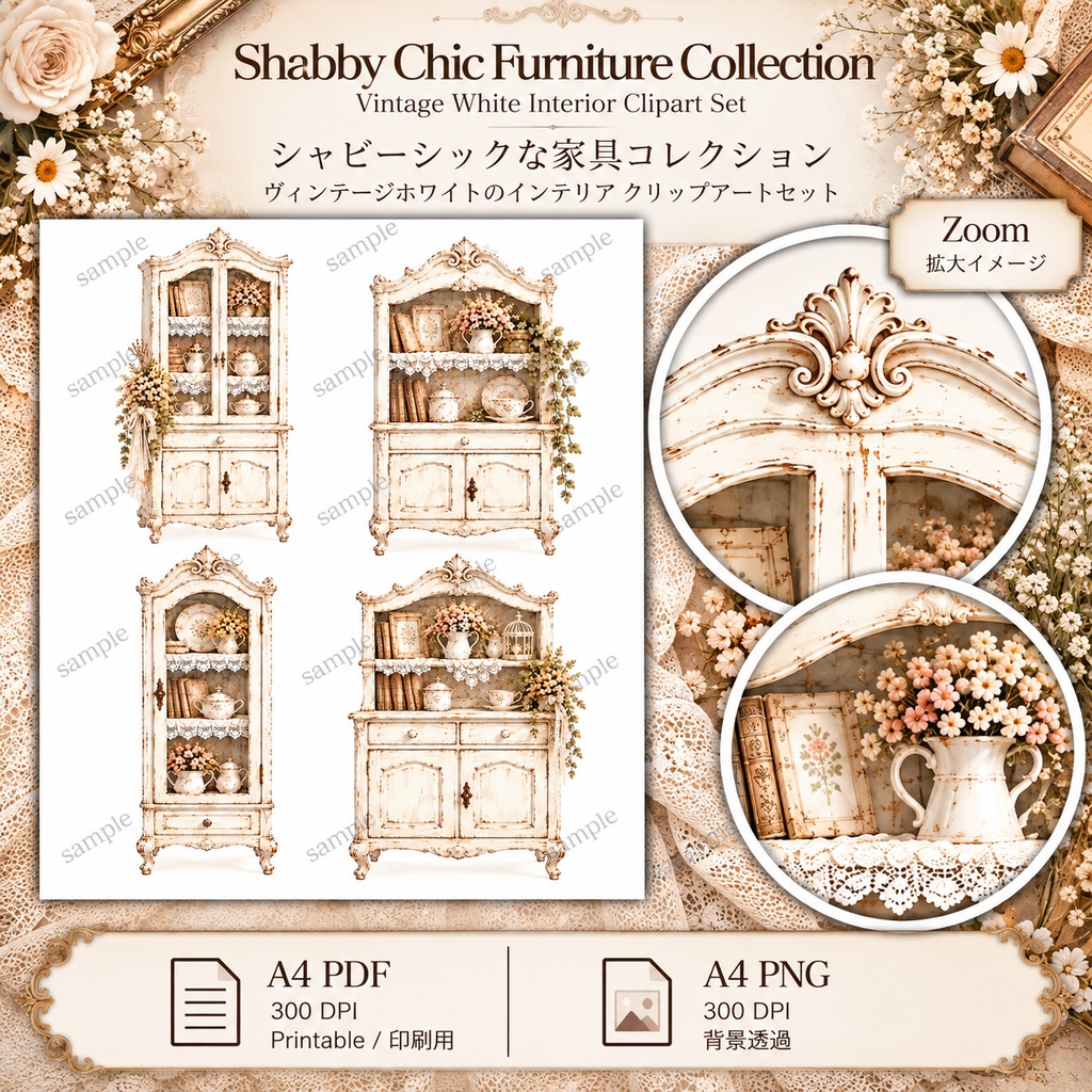 White Shabby Chic Collection|アンティーク家具・レース・花のジャンクジャーナル素材 20枚