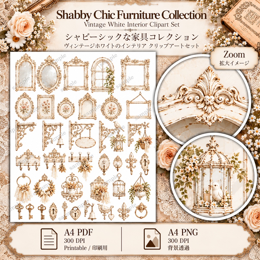 White Shabby Chic Collection|アンティーク家具・レース・花のジャンクジャーナル素材 20枚