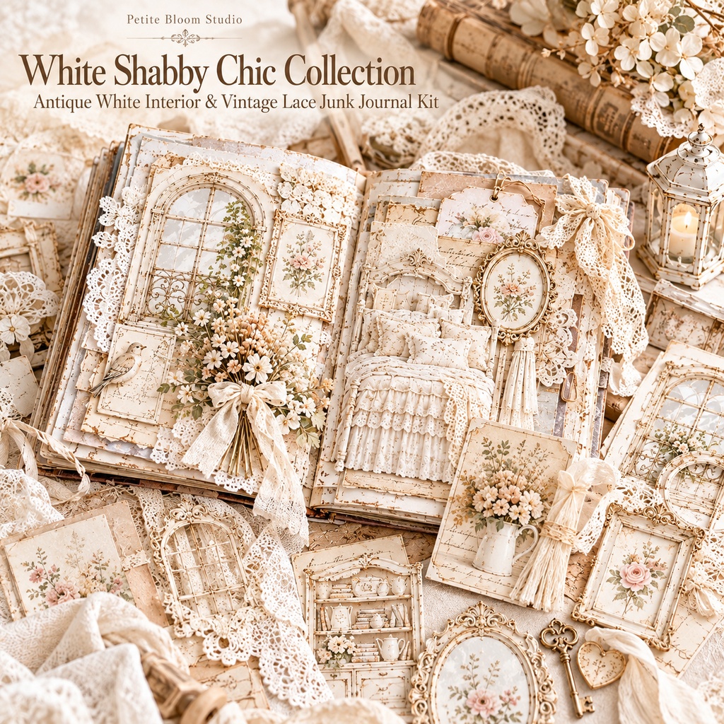 White Shabby Chic Collection|アンティーク家具・レース・花のジャンクジャーナル素材 20枚