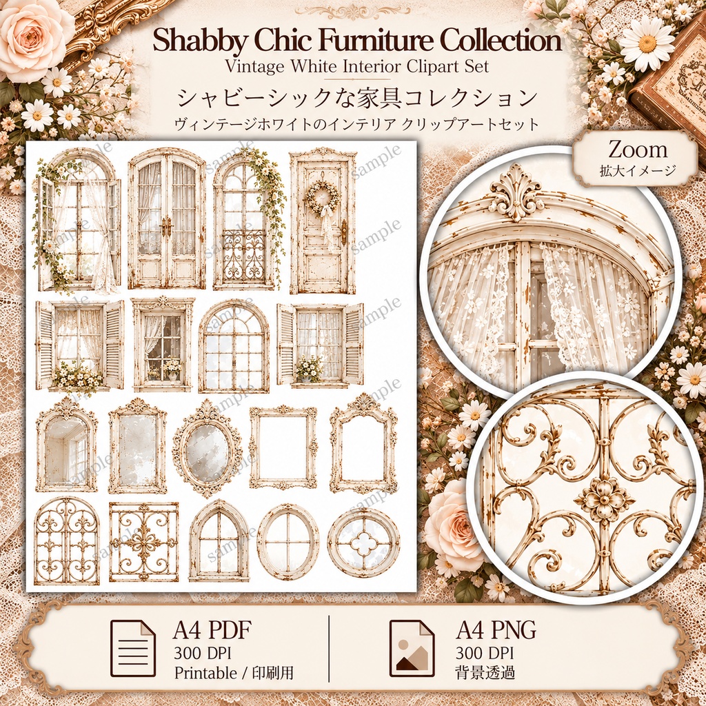 White Shabby Chic Collection|アンティーク家具・レース・花のジャンクジャーナル素材 20枚