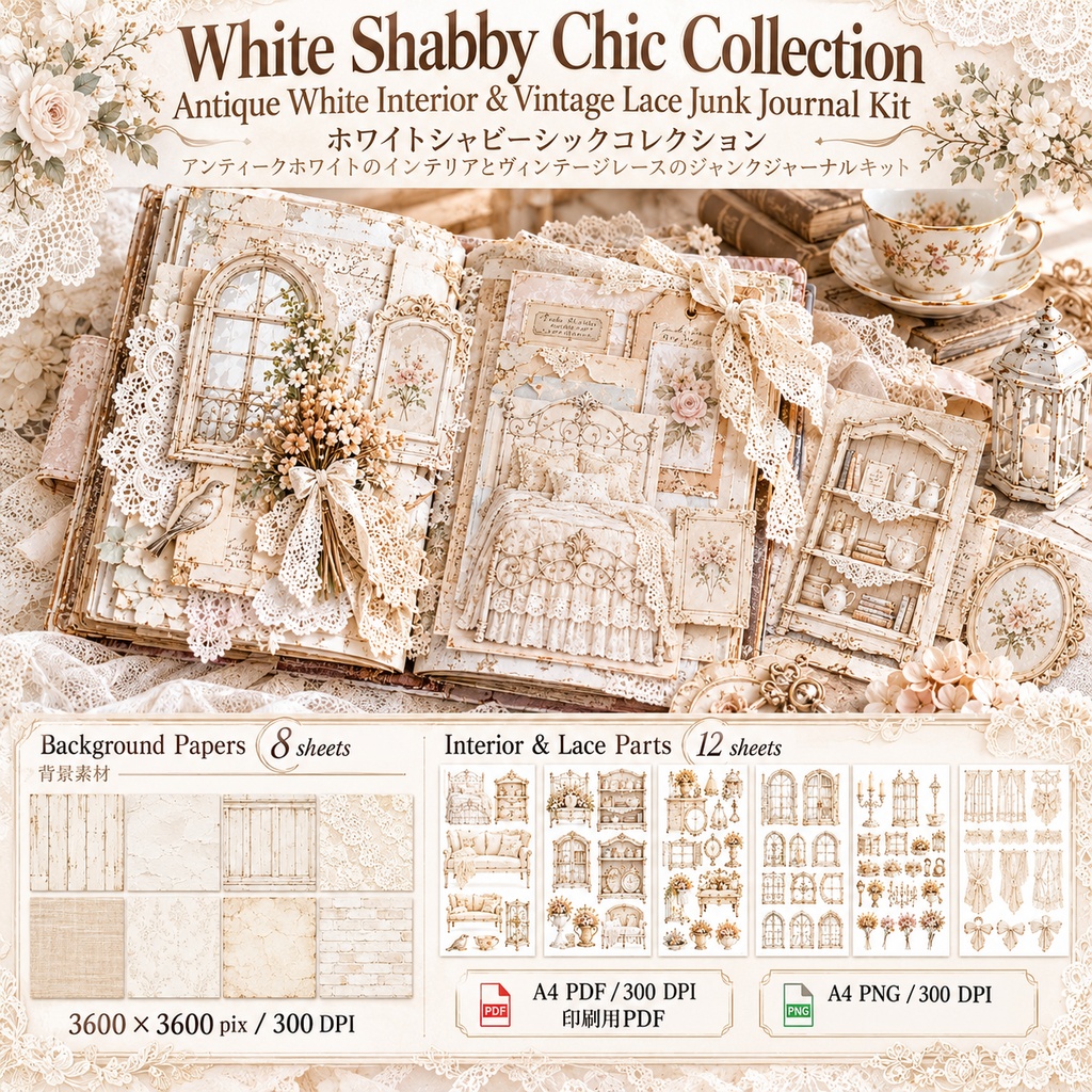 White Shabby Chic Collection｜アンティーク家具・レース・花のジャンクジャーナル素材 20枚