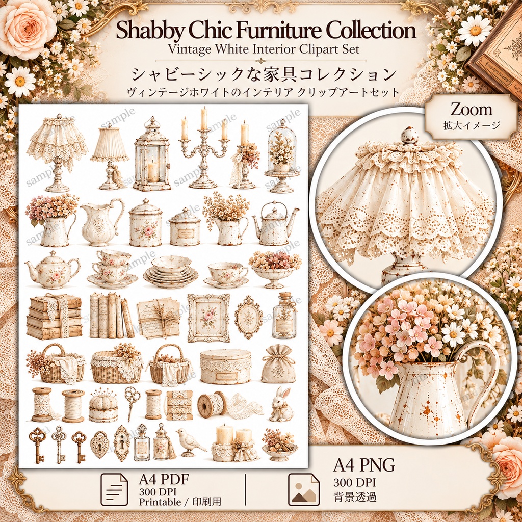 White Shabby Chic Collection|アンティーク家具・レース・花のジャンクジャーナル素材 20枚