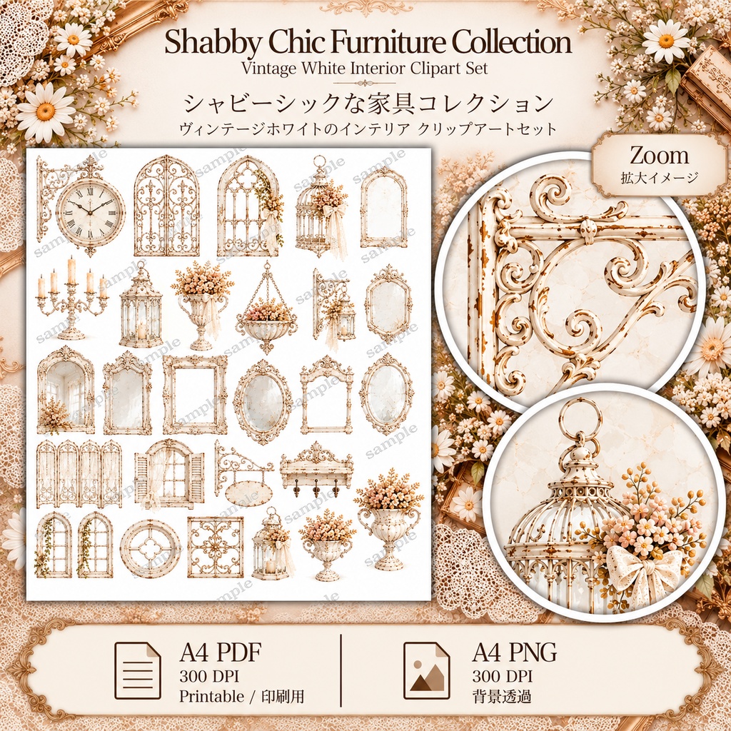 White Shabby Chic Collection|アンティーク家具・レース・花のジャンクジャーナル素材 20枚