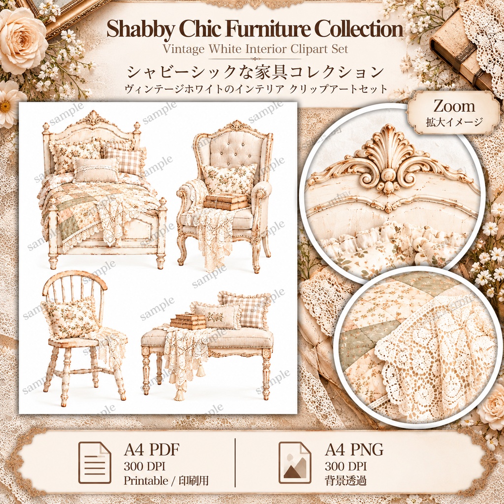 White Shabby Chic Collection|アンティーク家具・レース・花のジャンクジャーナル素材 20枚