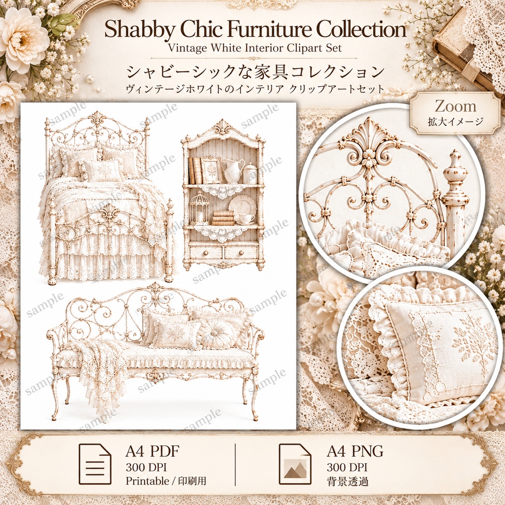 White Shabby Chic Collection|アンティーク家具・レース・花のジャンクジャーナル素材 20枚