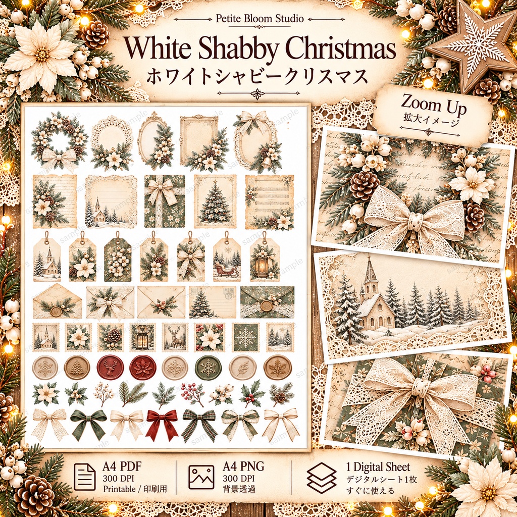 White Shabby Christmas|ホワイトシャビー・クリスマス|ヴィンテージ ジャンクジャーナル素材集