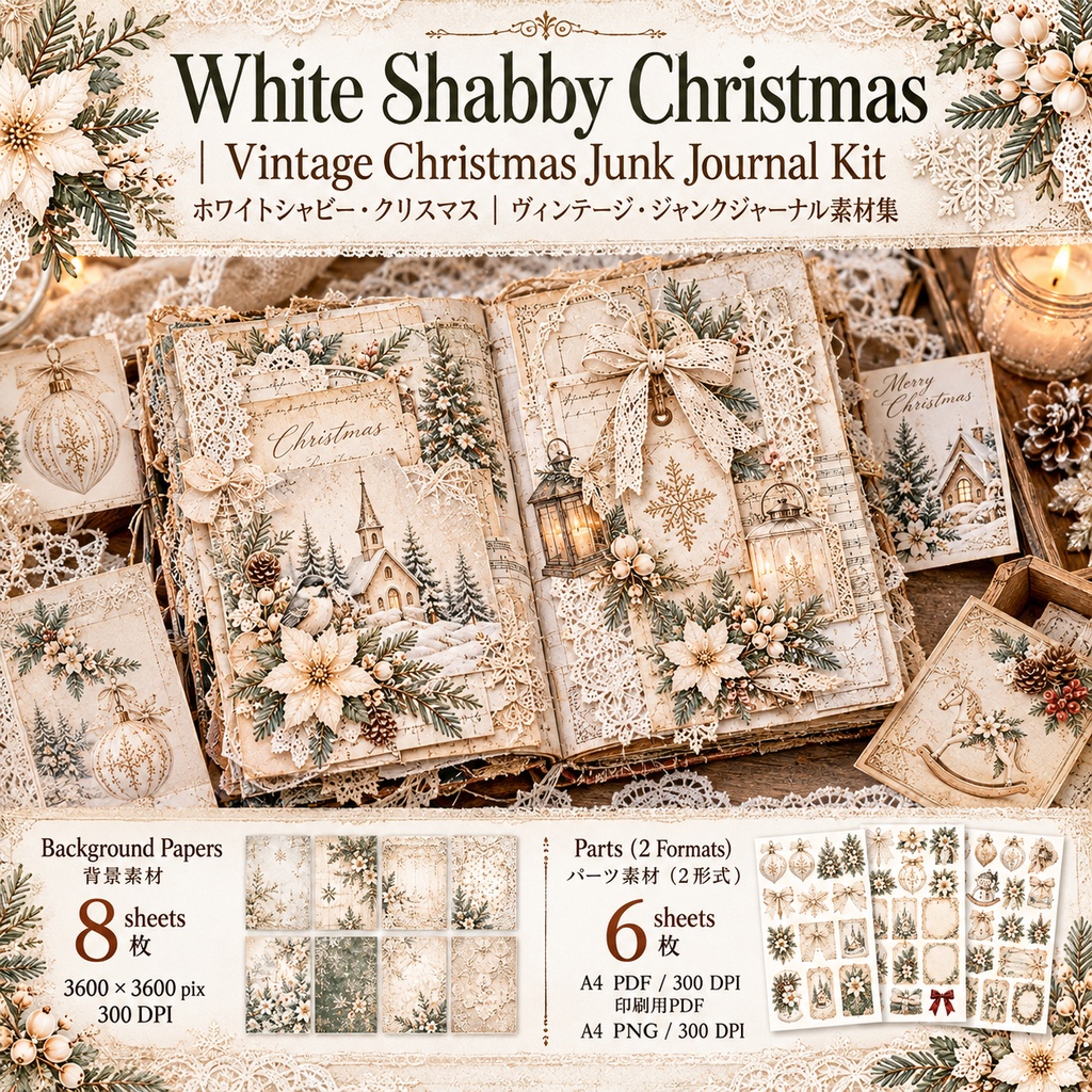 White Shabby Christmas｜ホワイトシャビー・クリスマス｜ヴィンテージ ジャンクジャーナル素材集