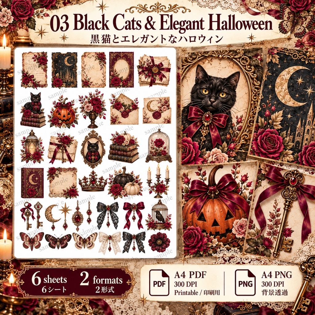 Elegant Halloween Collection|ゴシックローズ・月と星・アンティーク素材|背景8枚+パーツ6種