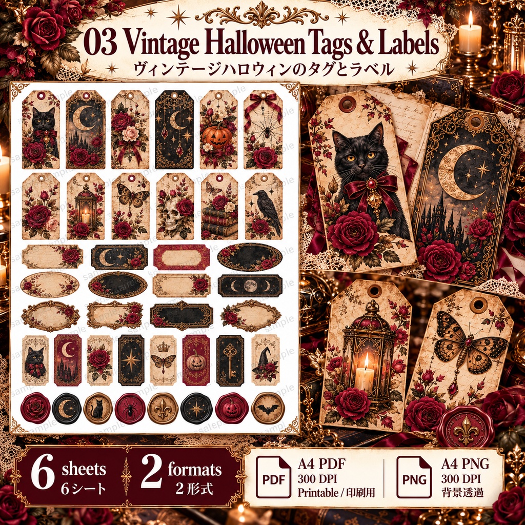 Elegant Halloween Collection|ゴシックローズ・月と星・アンティーク素材|背景8枚+パーツ6種