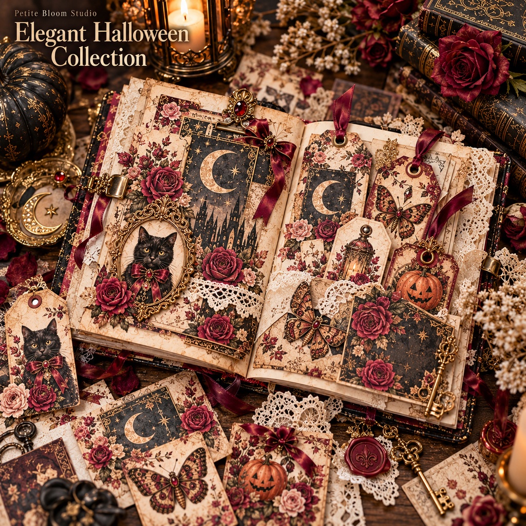Elegant Halloween Collection|ゴシックローズ・月と星・アンティーク素材|背景8枚+パーツ6種