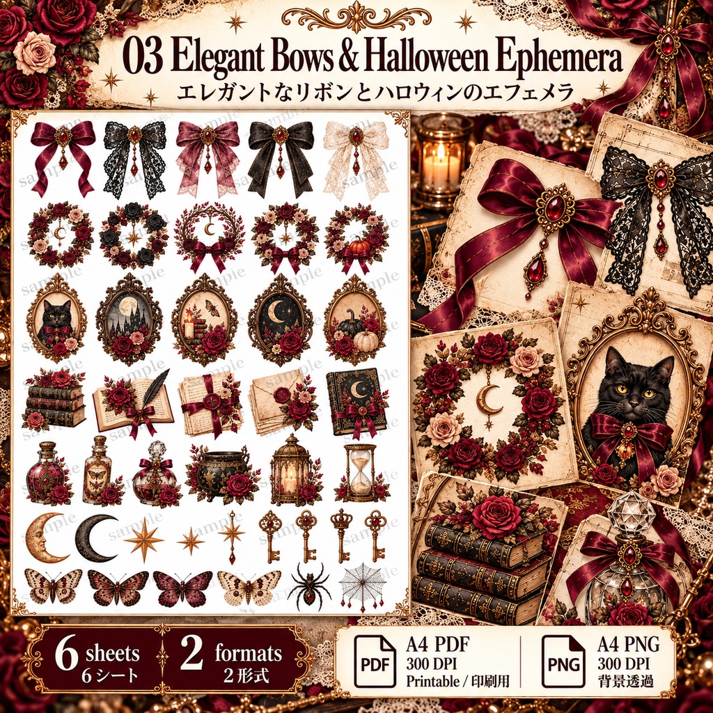 Elegant Halloween Collection|ゴシックローズ・月と星・アンティーク素材|背景8枚+パーツ6種