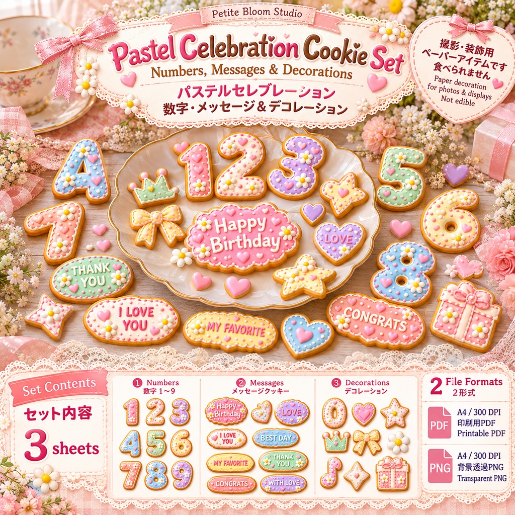 推し活・誕生日に｜パステル セレブレーション クッキーセット｜数字・メッセージ・デコレーション｜印刷できるデジタル素材