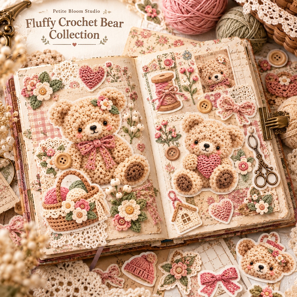 Fluffy Crochet Bear Collection|ふわもこ編みぐるみクマ&クロシェ素材セット|デジタル素材・ジャンクジャーナル・コラージュ