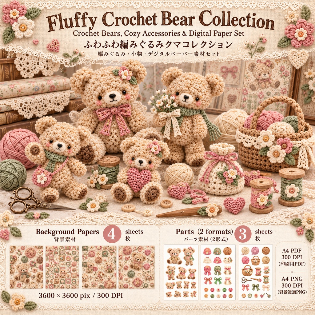 Fluffy Crochet Bear Collection｜ふわもこ編みぐるみクマ＆クロシェ素材セット｜デジタル素材・ジャンクジャーナル・コラージュ