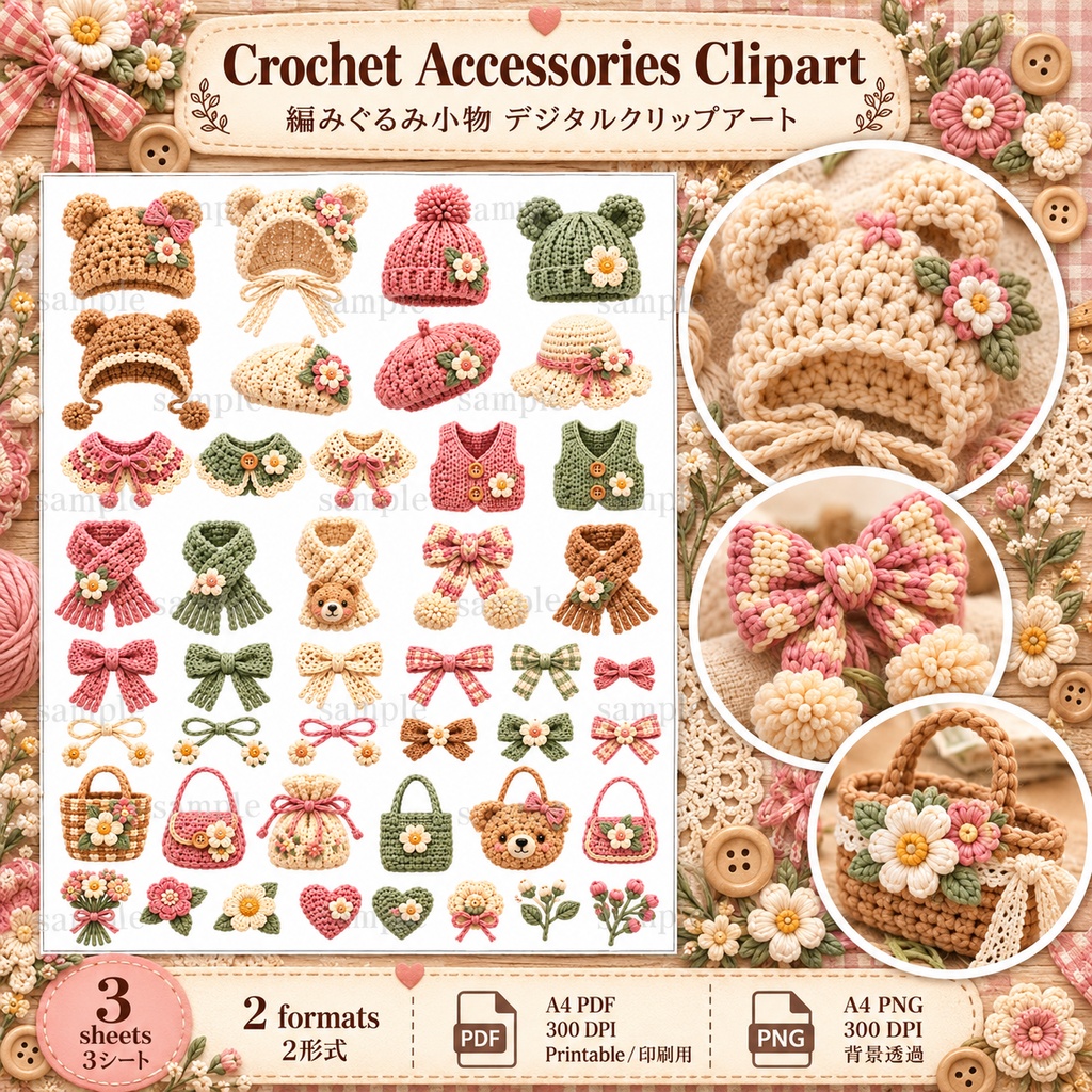 Fluffy Crochet Bear Collection|ふわもこ編みぐるみクマ&クロシェ素材セット|デジタル素材・ジャンクジャーナル・コラージュ