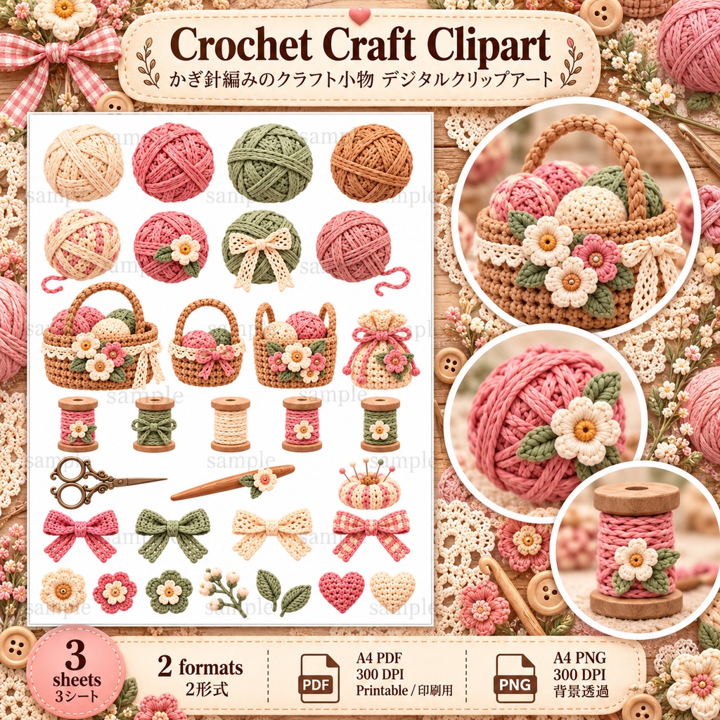 Fluffy Crochet Bear Collection|ふわもこ編みぐるみクマ&クロシェ素材セット|デジタル素材・ジャンクジャーナル・コラージュ