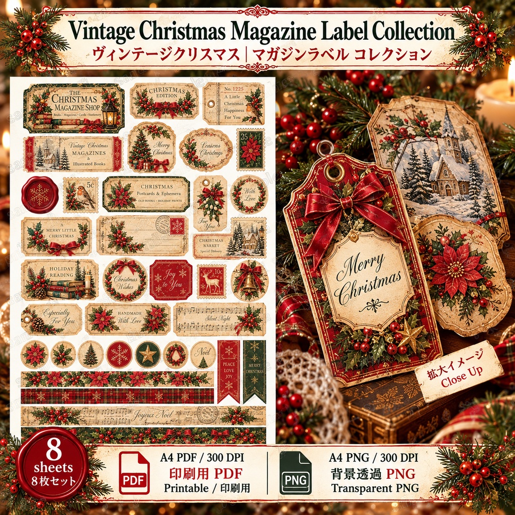 Vintage Christmas Gift & Paper Craft Collection|ヴィンテージクリスマス ギフト&ペーパークラフト素材 8枚セット