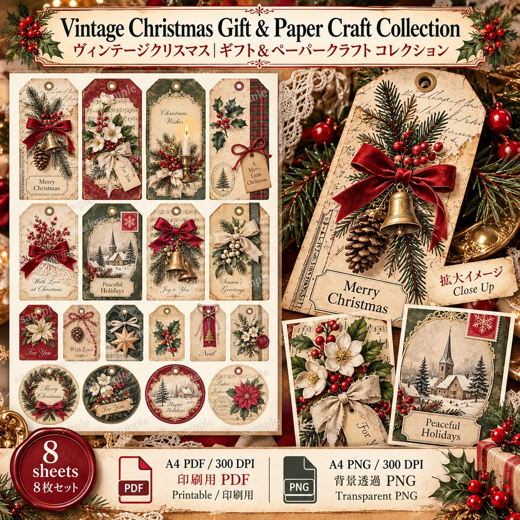 Vintage Christmas Gift & Paper Craft Collection|ヴィンテージクリスマス ギフト&ペーパークラフト素材 8枚セット