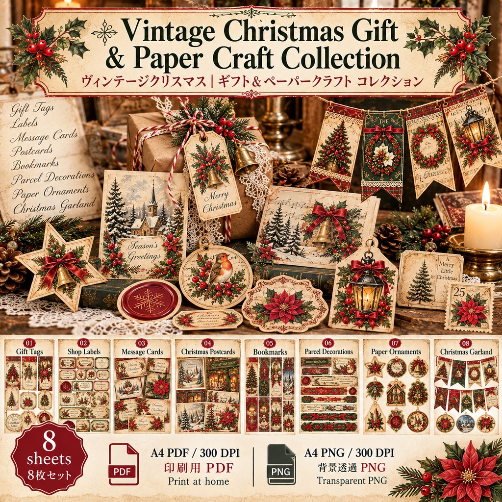 Vintage Christmas Gift & Paper Craft Collection|ヴィンテージクリスマス ギフト&ペーパークラフト素材 8枚セット